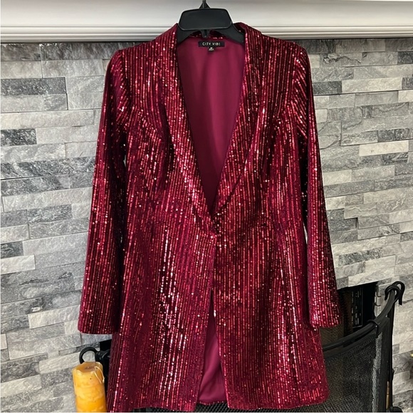 🌹 Red Sequins Long Double Breast Blazer - Picture 6 of 11